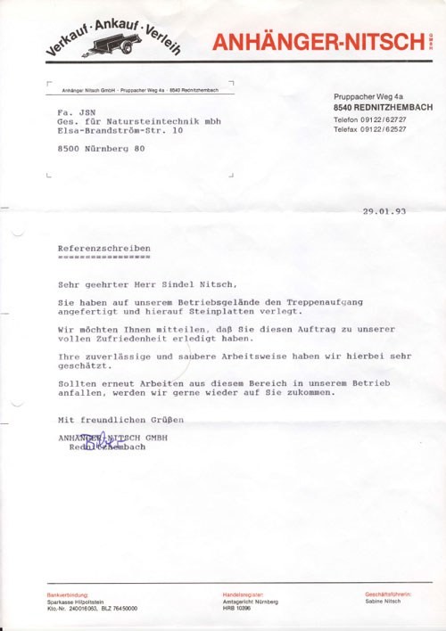 Empfehlungsschreiben von Anhänger-Nitsch, Reichenschwand, Januar 1993