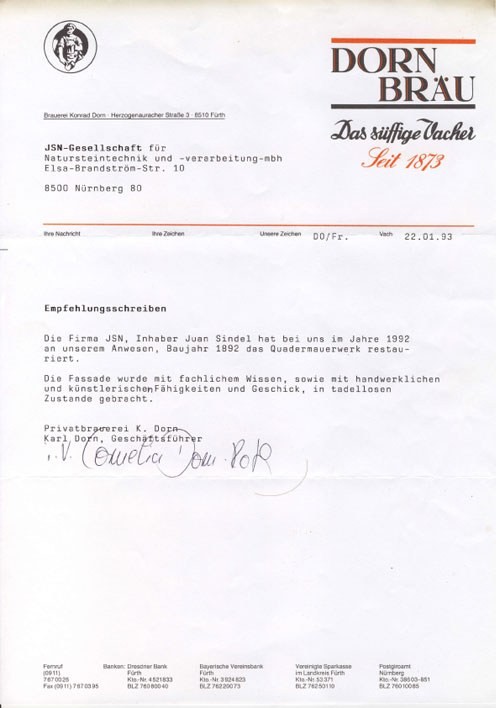 Empfehlungsschreiben von Privatbrauerei K. Dorn, Januar 1993
