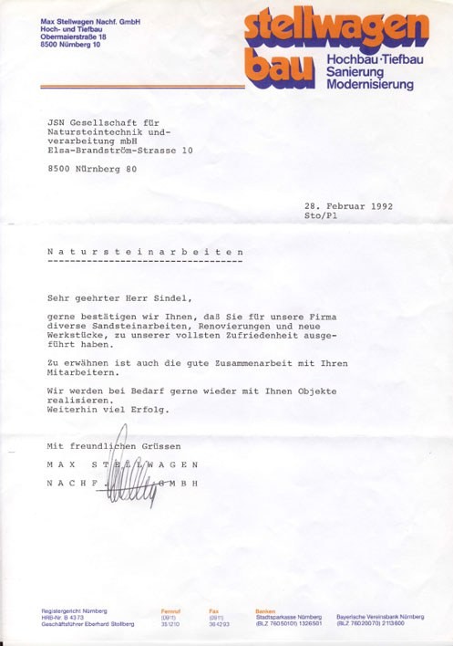 Empfehlungsschreiben von Stellwagenbau, Hoch- und Tiefbau, Februar 1992